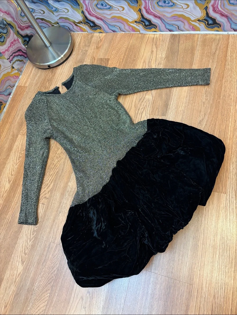 Vintage 1980’s Craig Adams Gold Knit Black Velvet Bubble Dress. Size 13/14
